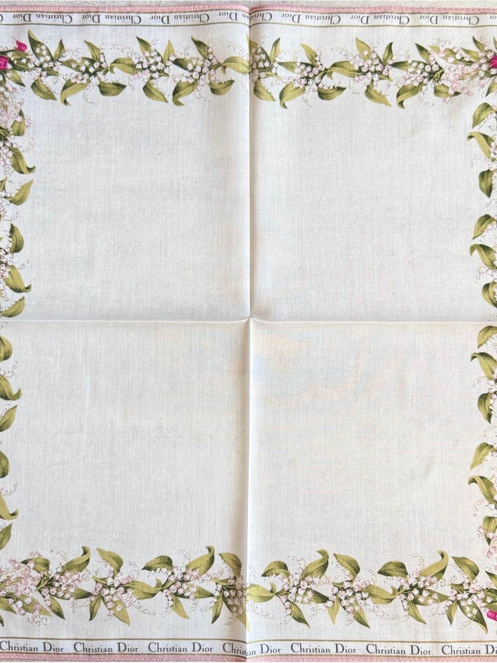 Dior White vintage Cotton Scarf with Green Leaf and Pink Floral Border